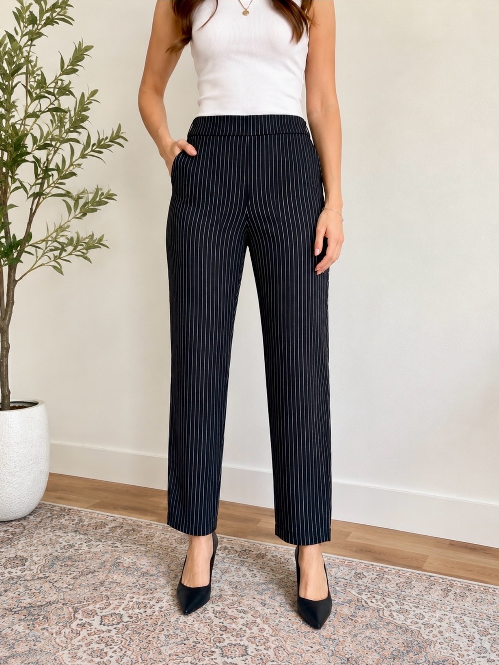 Who What Wear Black & White Pinstripe Pull-On Trousers - Size 14